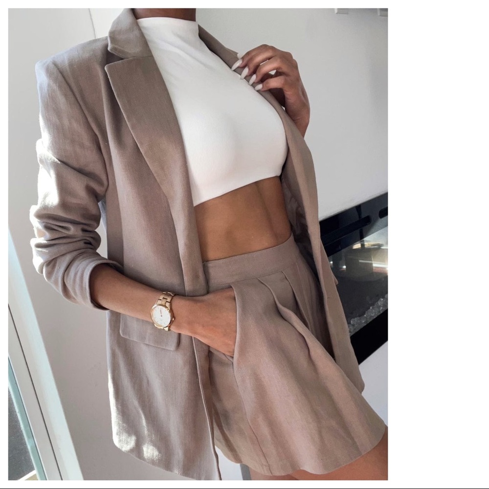 Mind Your Own Business Linen Blazer Set-Dark Tan